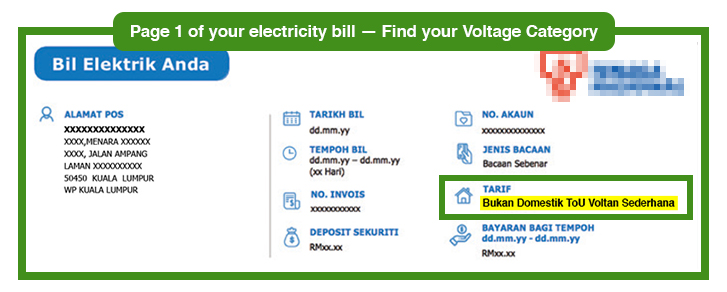 TNB bill page 1, Tarif field showing Voltage Category